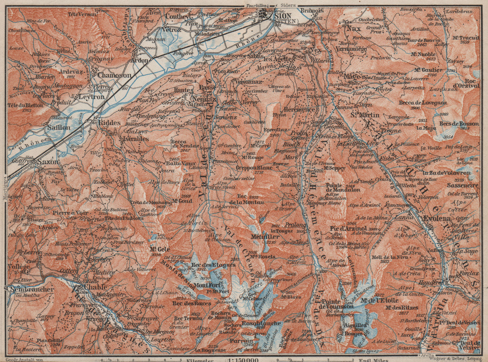 Area south of SION. Verbier Riddes Nendaz Veysonnaz Hérens Entremont 1909 map